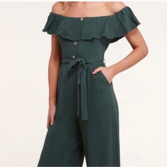 Lulu's Off The Shoulder Dark Sage Green Linen/ Rayon Ankle Length Jumpsuit Sz XL - Picture 4 of 12